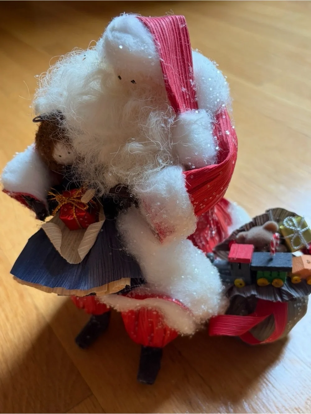 vintage nan’s cornhusk doll santa with child on lap